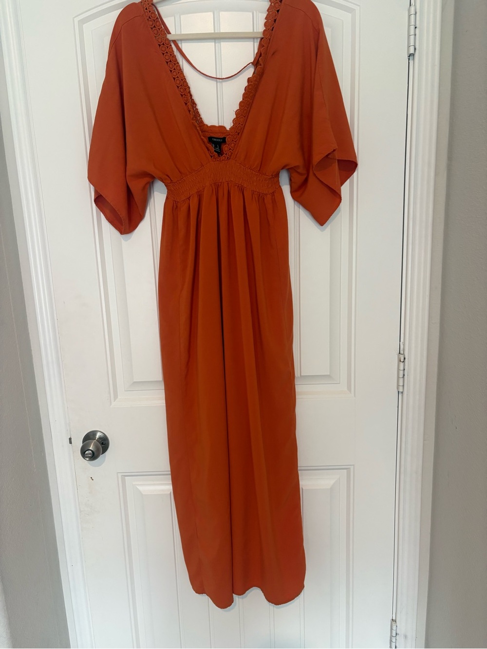 Forever 21 Rust Orange V-Neck Maxi Dress with Lace Trim